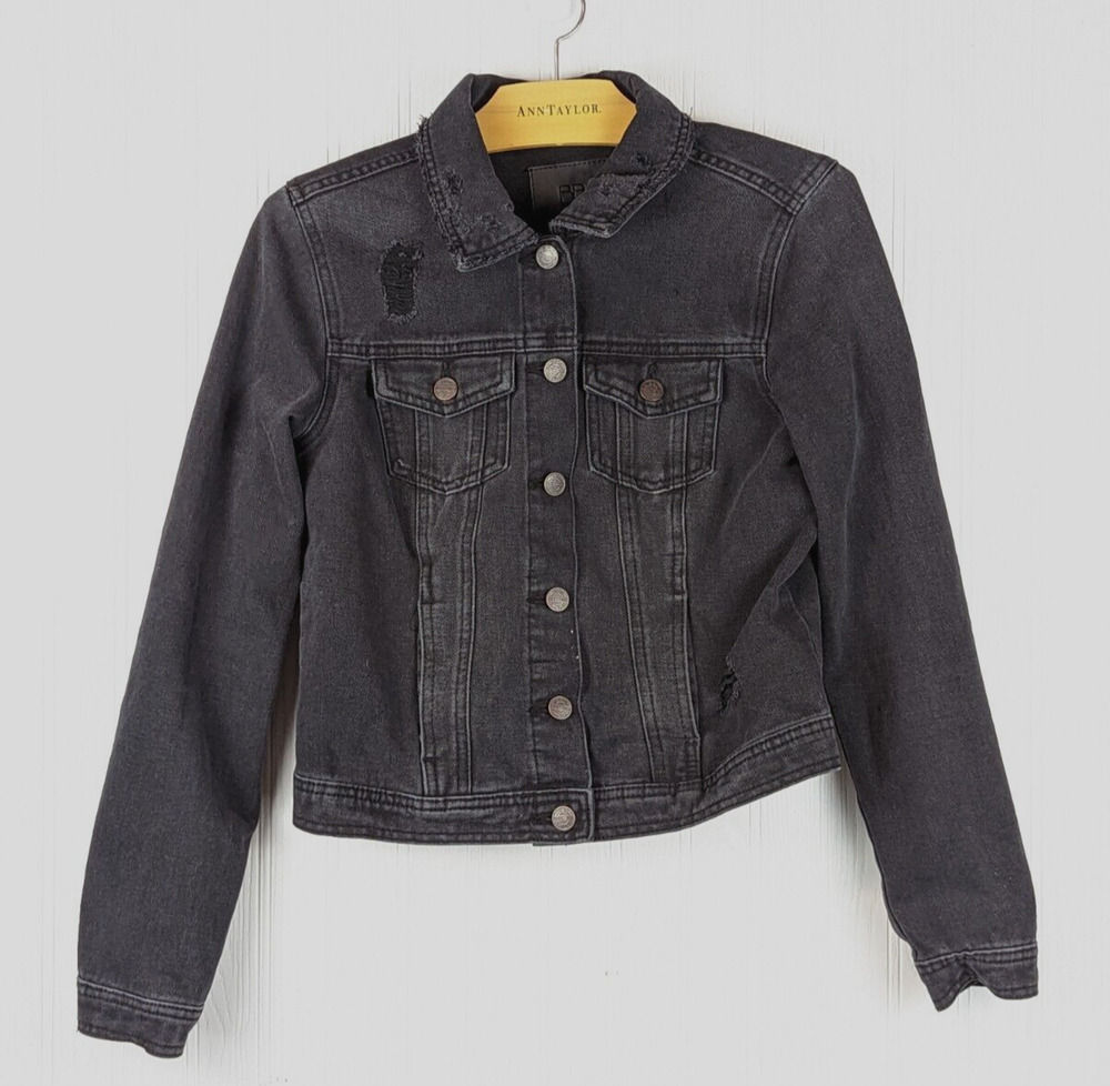 BBJ Women's Black Denim Distressed Cropped Jean Jacket Button Up Size Small